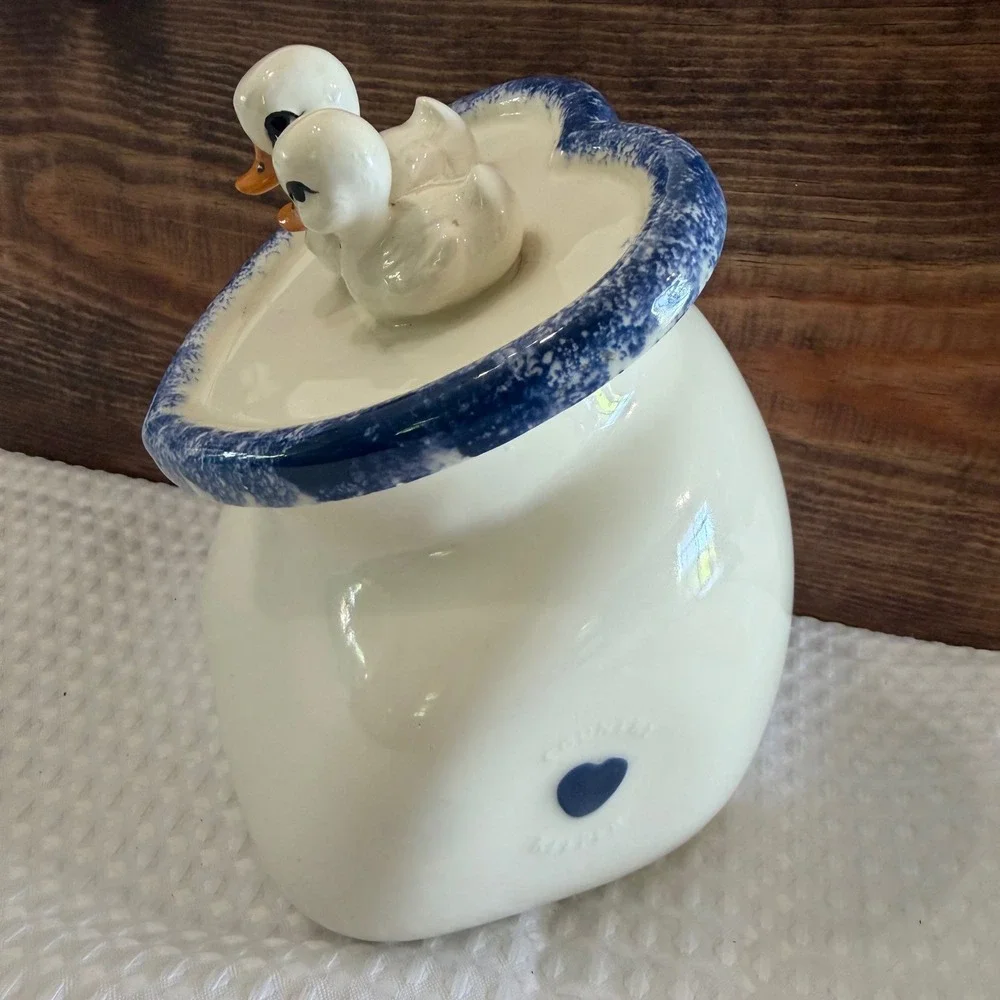 Country Heart Ceramic Duck Canister White Blue Heart Farmhouse CountryLiving Jar